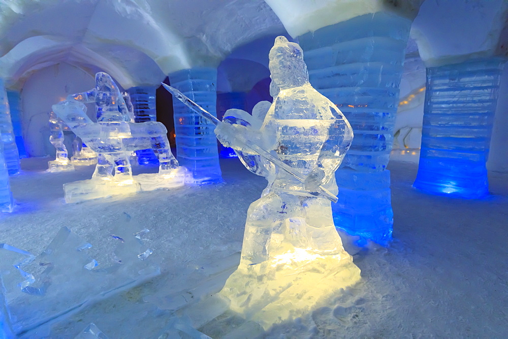 Sorrisniva Igloo Hotel, snow or ice hotel, striking sculpture in lobby, Alta, Winter, Finnmark, Arctic Circle, North Norway, Scandinavia, Europe