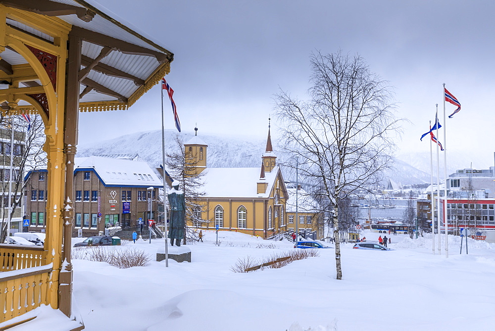 Tromso after heavy snow, music pavilion, Catholic Cathedral and Arctic Cathedral in winter, Troms, Arctic Circle, North Norway, Scandinavia, Europe