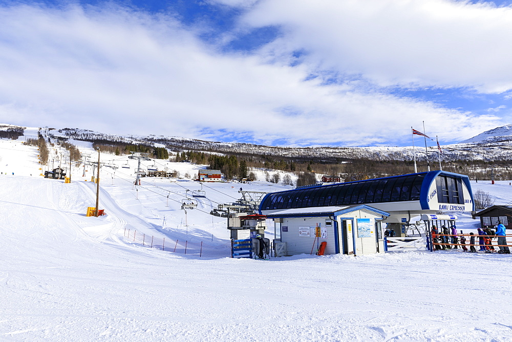 Bjorli Village, family skiing, piste and chair lift, early snow ski resort, winter sun, Gudbrandsdalen Valley, Oppland, Norway, Scandinavia, Europe