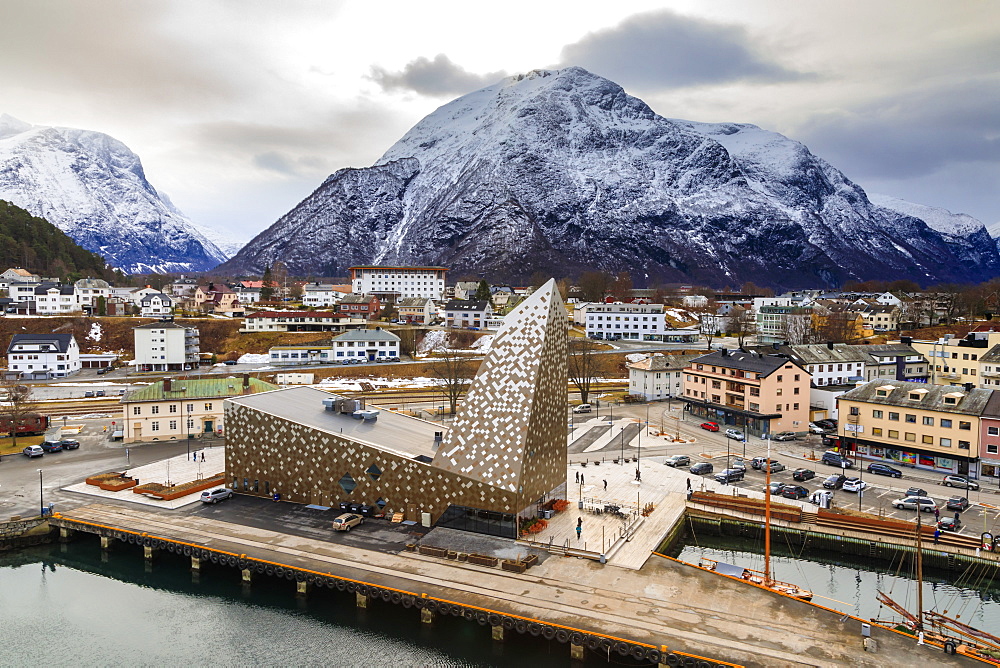 Andalsnes town and snow capped mountain, elevated view from Romsdalsfjord in winter, More og Romsdal, Norway, Scandinavia, Europe