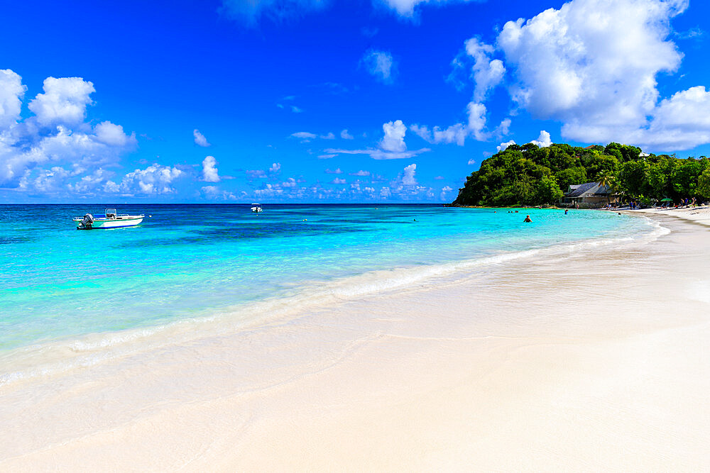 Beautiful Long Bay Beach, boat, turquoise sea, white sand, Antigua, Antigua and Barbuda, Leeward Islands, West Indies, Caribbean, Central America