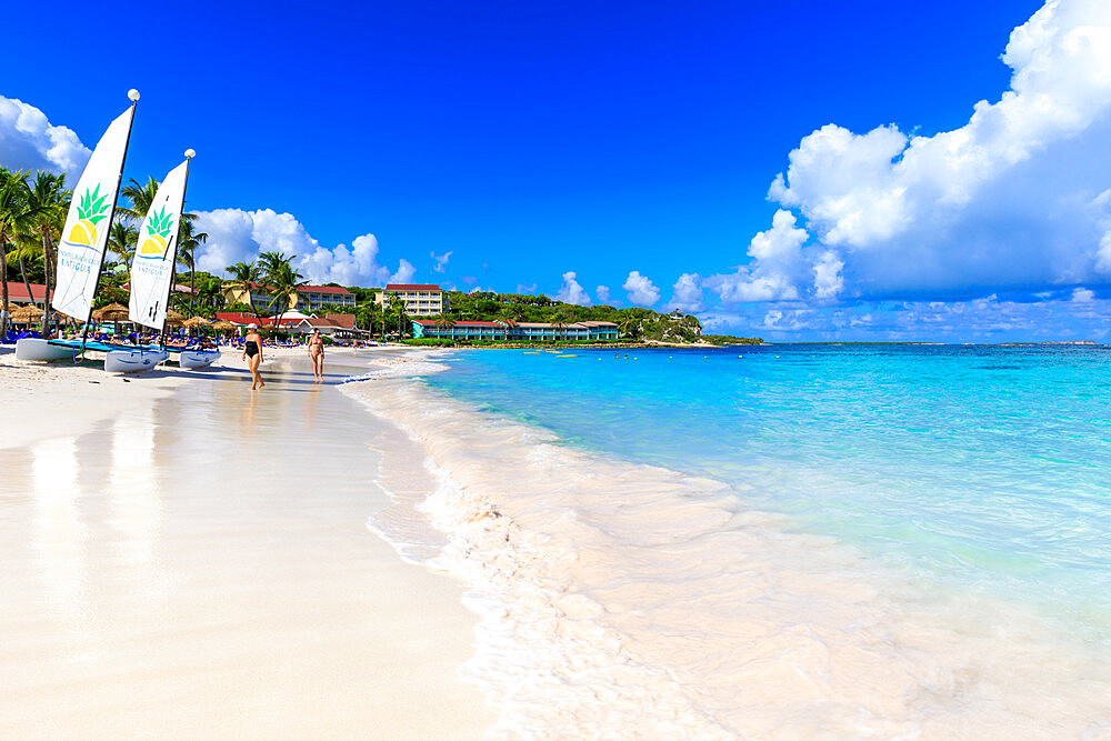 Long Bay Beach, beautiful white sand, turquoise sea, watersports, tourists, Antigua, Antigua and Barbuda, Leeward Islands, West Indies, Caribbean, Central America