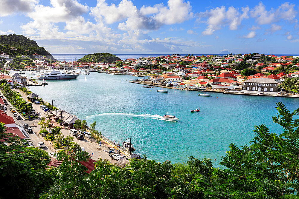 Elevated view over pretty Gustavia harbour and town and out to sea, Gustavia, St. Barthelemy (St. Barts) (St. Barth), West Indies, Caribbean, Central America