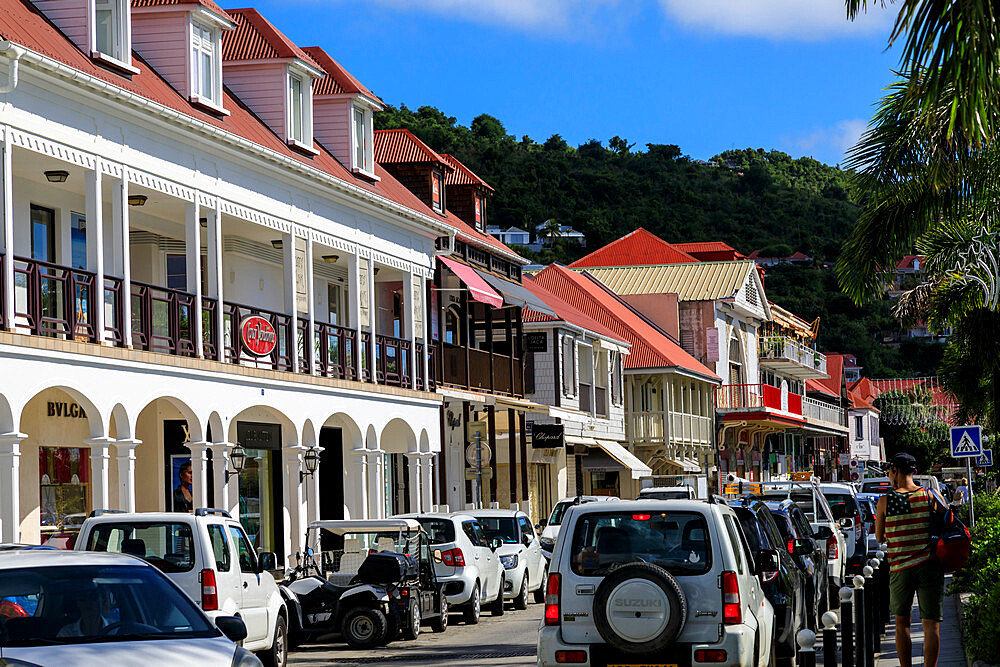 Street view, designer shops, attractive architecture, Gustavia, St. Barthelemy (St. Barts) (St. Barth), West Indies, Caribbean, Central America