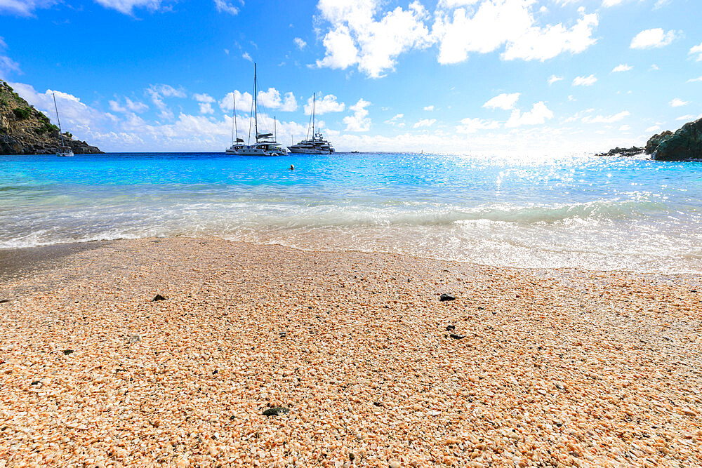 Shell Beach, yachts anchored in turquoise bay, Gustavia, St. Barthelemy (St. Barts) (St. Barth), West Indies, Caribbean, Central America