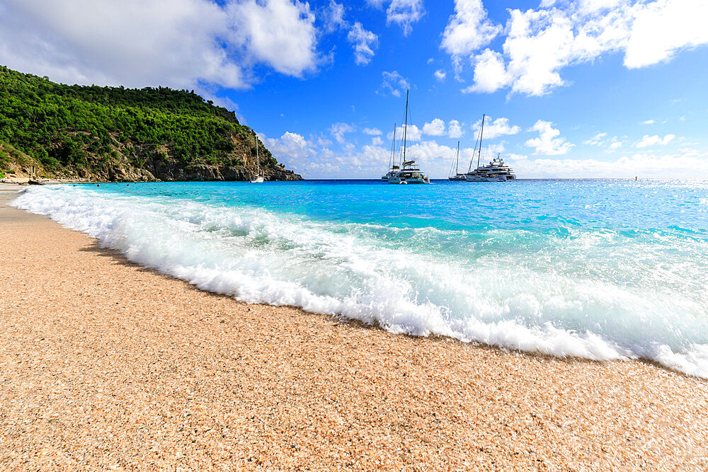 Shell Beach, yachts anchored in turquoise bay, Gustavia, St. Barthelemy (St. Barts) (St. Barth), West Indies, Caribbean, Central America