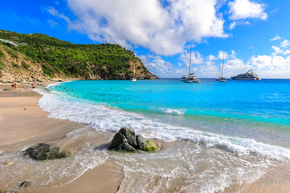 Shell Beach, yachts anchored in turquoise bay, people in sea, Gustavia, St. Barthelemy (St. Barts) (St. Barth), West Indies, Caribbean, Central America