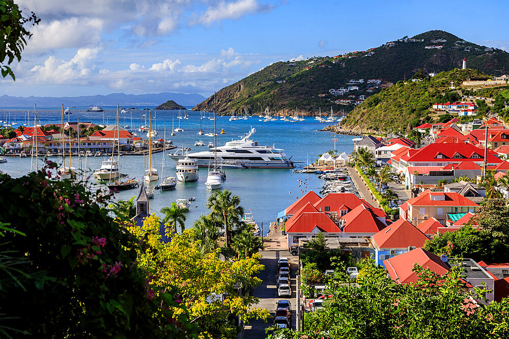 Elevated view over pretty red rooftops of town and sea, Gustavia, St. Barthelemy (St. Barts) (St. Barth), West Indies, Caribbean, Central America