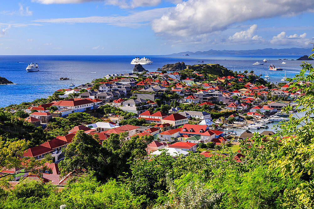 Gustavia, elevated view over pretty red rooftops of town and sea, Gustavia, St. Barthelemy (St. Barts) (St. Barth), West Indies, Caribbean, Central America