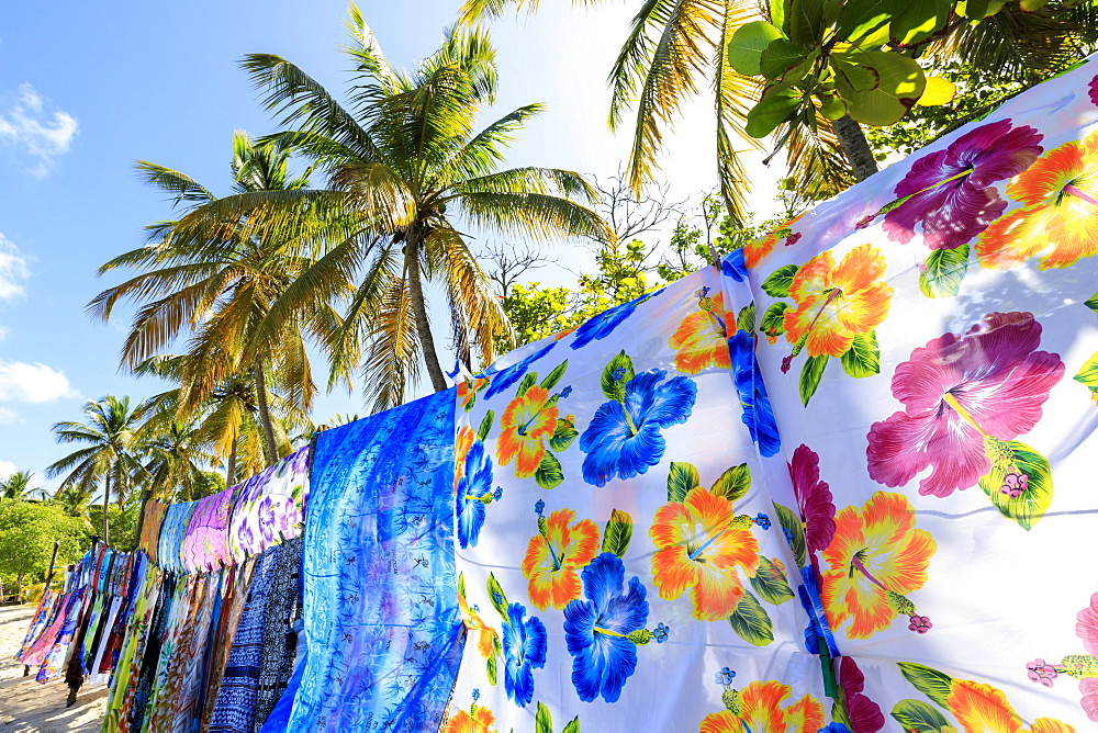 Beautiful hanging backlit wraps, white sand beach, palm trees, sun, Saltwhistle Bay, Mayreau, Grenadines, St. Vincent and The Grenadines, Windward Islands, West Indies, Caribbean, Central America