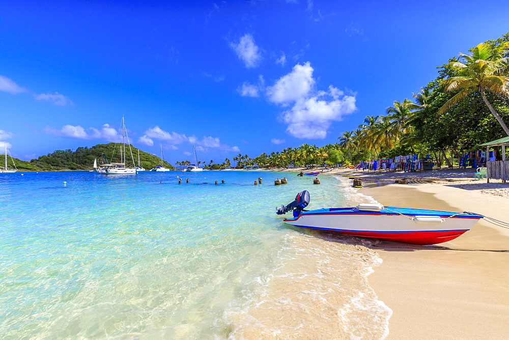 Saltwhistle Bay, white sand beach, turquoise sea, colourful boat, yachts, palm trees, Mayreau, Grenadines, St. Vincent and The Grenadines, Windward Islands, West Indies, Caribbean, Central America