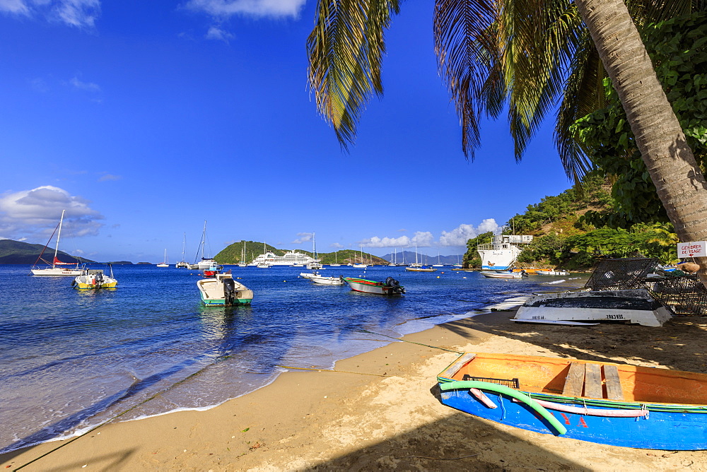 Colourful Anse du Bourg, town beach and boats, Terre de Haut, Iles Des Saintes, Les Saintes, Guadeloupe, Leeward Islands, West Indies, Caribbean, Central America