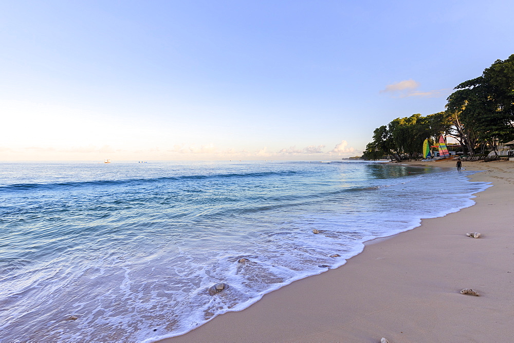 Paynes Bay, at dawn, turquoise sea, sail boats, fine pink sand beach, beautiful West Coast, Barbados, Windward Islands, West Indies, Caribbean, Central America