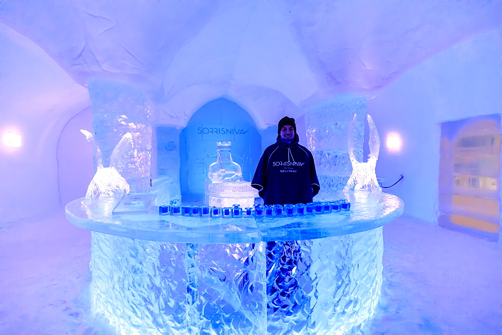 Sorrisniva Igloo Hotel, snow or ice hotel in winter, striking sculpture, ice bar, Alta, Finnmark, Arctic Circle, North Norway, Scandinavia, Europe