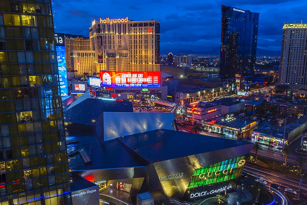 Veer Tower, Planet Hollywood, Crystals and The Strip at dusk, Las Vegas, Nevada, United States of America, North America 