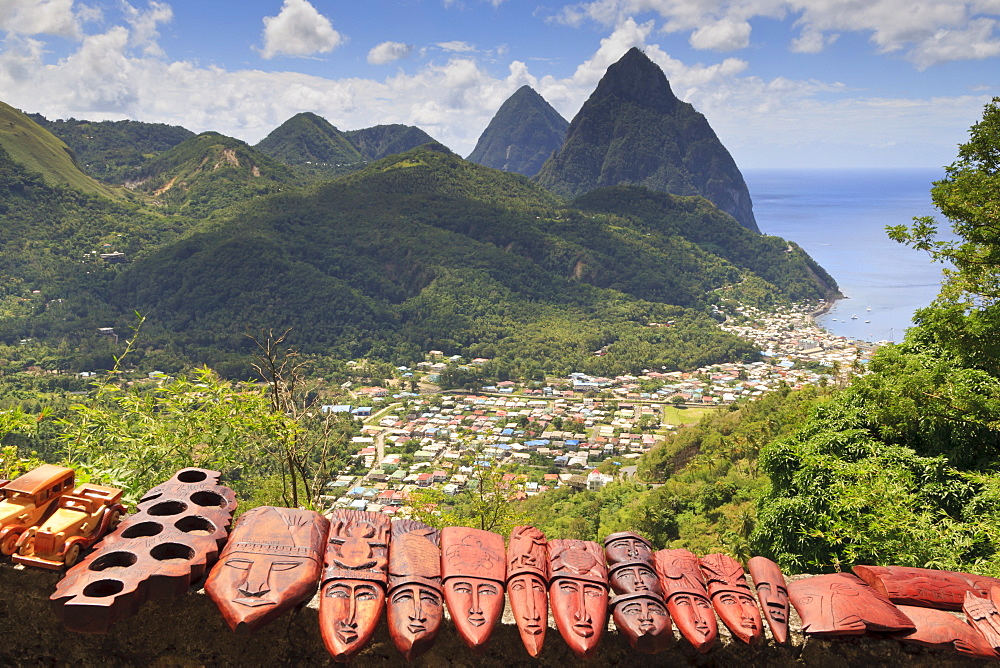 Souvenir stall with view of the Pitons and Soufriere, St. Lucia, Windward Islands, West Indies, Caribbean