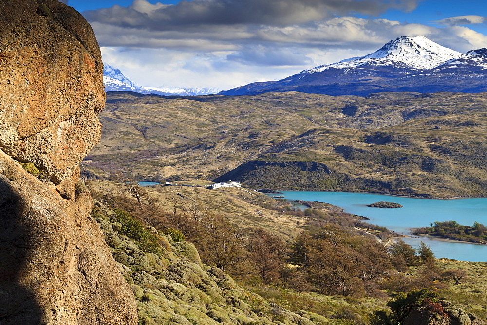 View of Explora Hotel Salto Chico on Lago Pehoe, from approach to Condor Vista Point, Torres del Paine National Park, Patagonia, Chile, South America 