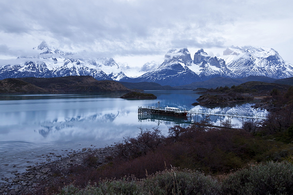 Boatdock, reflections in Lago Pehoe, Torres del Paine National Park, Patagonia, Chile, South America 