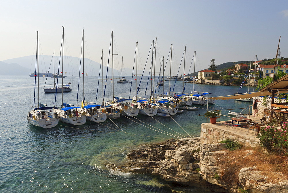 Yachts and ships at anchor, Fiskardo, Kefalonia (Cephalonia), Ionian Islands, Greek Islands, Greece, Europe