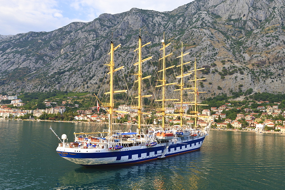 Cruise ship with masts, Kotor, Bay of Kotor, UNESCO World Heritage Site, Montenegro, Europe