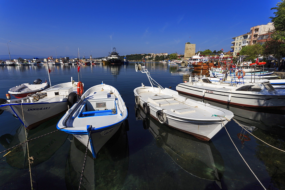 Small boats and reflections, seafront promenade, Sinop, Black Sea Coast, Turkey, Asia Minor, Eurasia