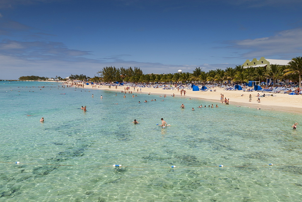 Busy beach and seashore with paddlers and snorkelers, cruise terminal, Grand Turk, Turks and Caicos, West Indies, Caribbean, Central America