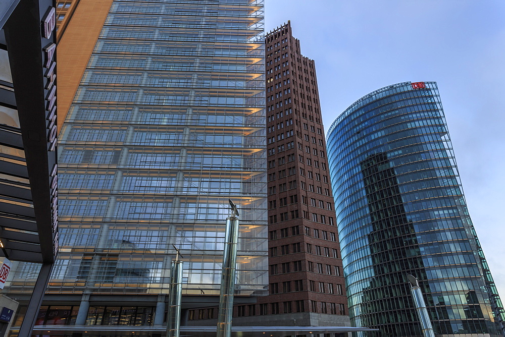 Modern design, high rise office buildings and station, early morning, Potsdamer Platz, Berlin, Germany, Europe