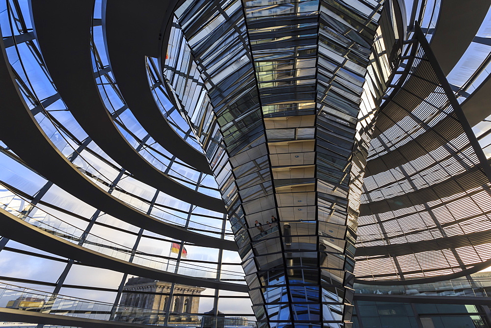 Reichstag dome interior with reflected visitors, early morning, Mitte, Berlin, Germany, Europe