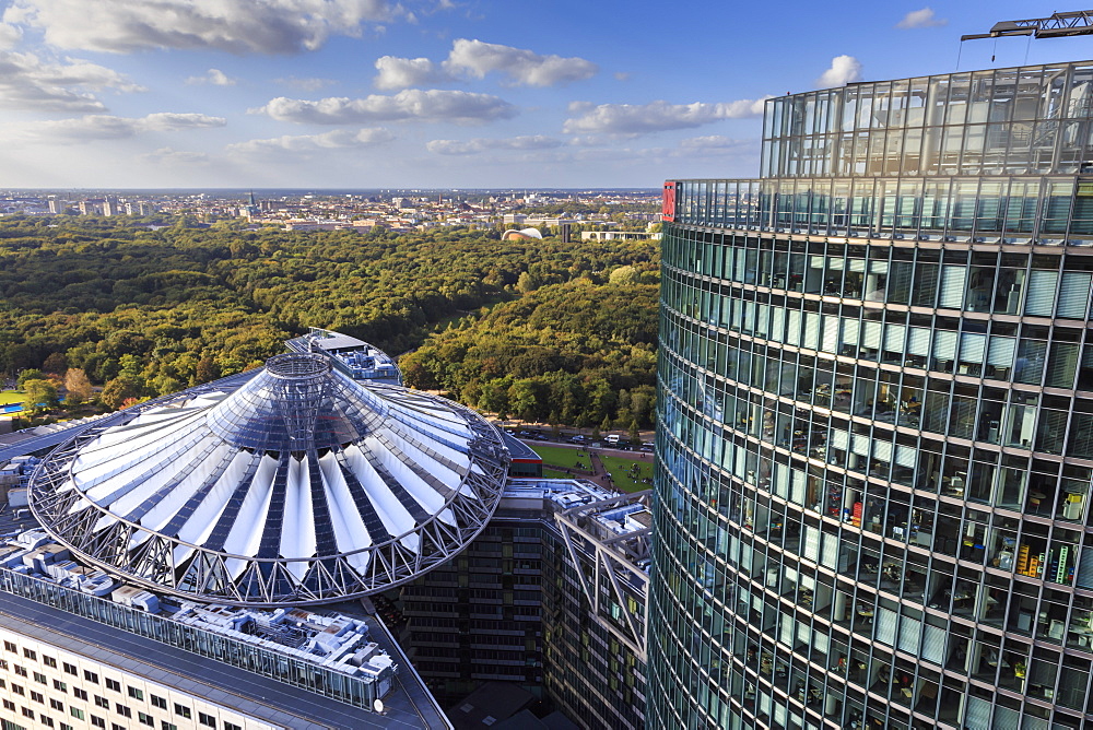 Elevated view, Sony Center Deutsche Bahn offices, from Panoramapunkt, Kollhoff Building, Potsdamer Platz, Berlin, Germany, Europe