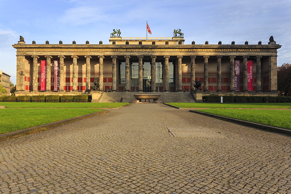 Cobbled approach to Altes Museum in the Lustgarten, early morning, Museum Island, Berlin, Germany, Europe