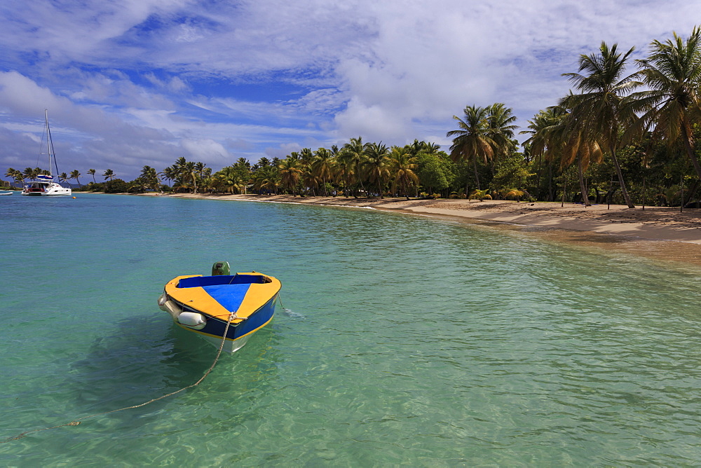 Colourful tethered boat, near beach, Saltwhistle Bay, Mayreau, Grenadines of St. Vincent, Windward Islands, West Indies, Caribbean, Central America