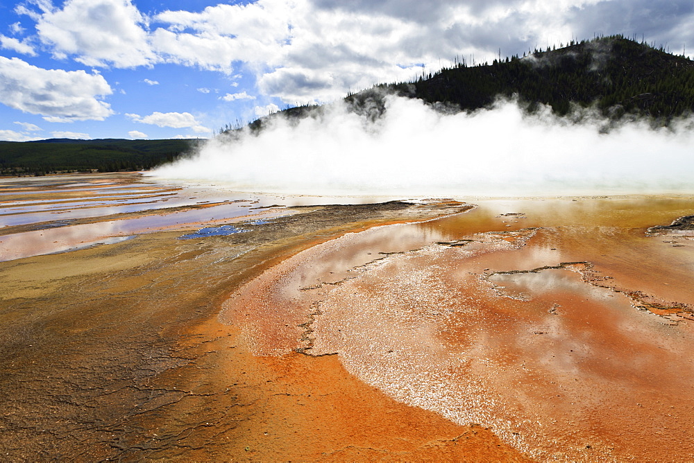 Bright colours and steam, Grand Prismatic Spring, Yellowstone National Park, UNESCO World Heritage Site, Wyoming, United States of America, North America 