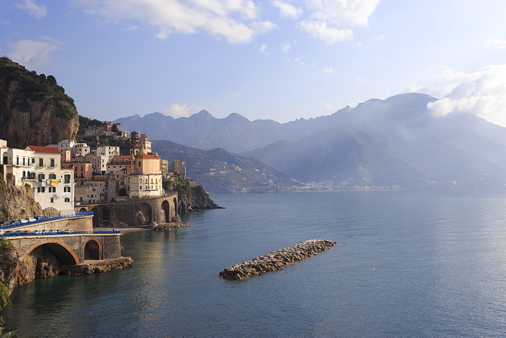 Church of Santa Maria Maddalena, town and cliffs, distant coast, elevated hazy view, Atrani, Costiera Amalfitana (Amalfi Coast), UNESCO World Heritage Site, Campania, Italy, Europe