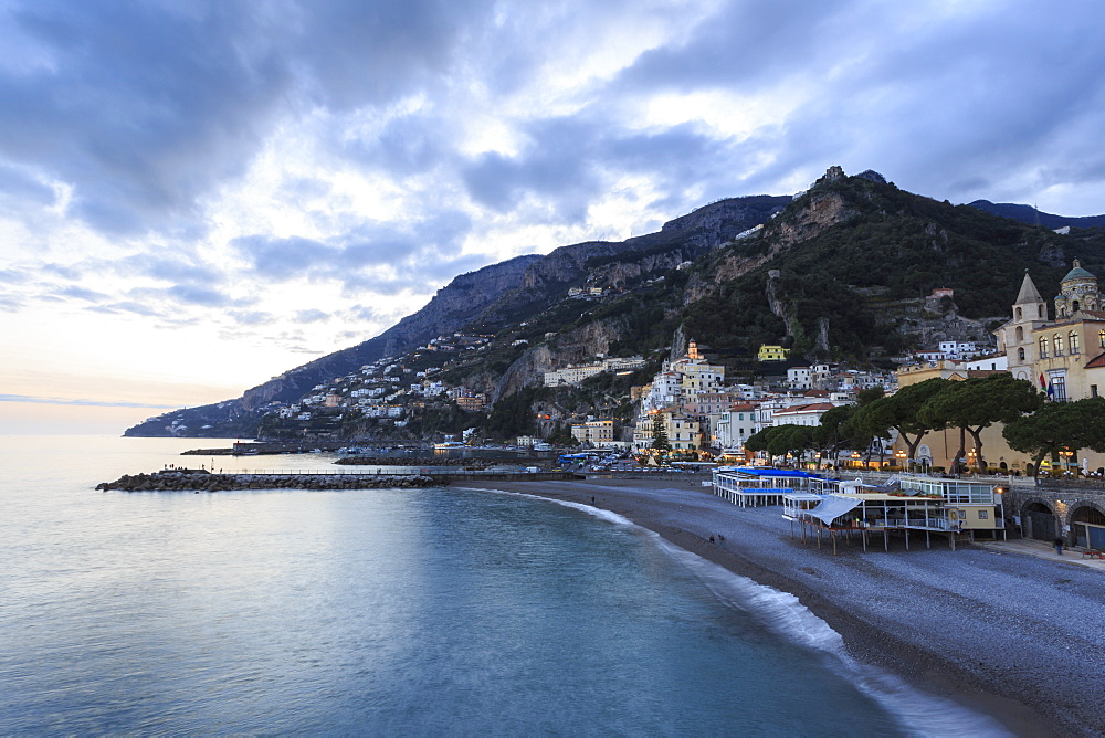 Amalfi waterfront at dusk, Costiera Amalfitana (Amalfi Coast), UNESCO World Heritage Site, Campania, Italy, Europe