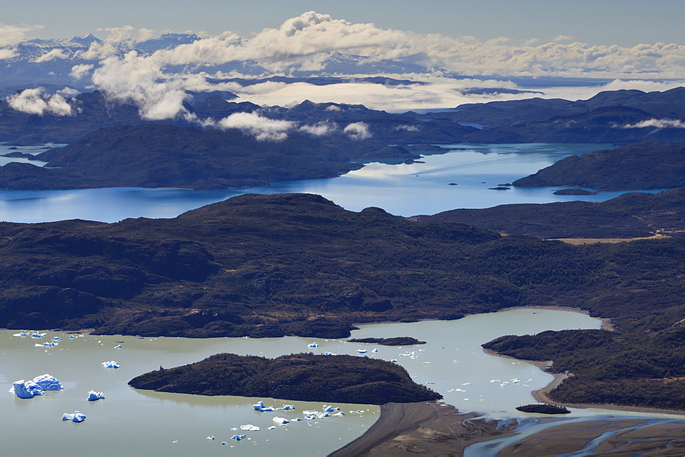 View of Lakes Grey, Pehoe, Nordenskjold and Sarmiento, from Ferrier Vista Point, Torres del Paine National Park, Patagonia, Chile, South America 