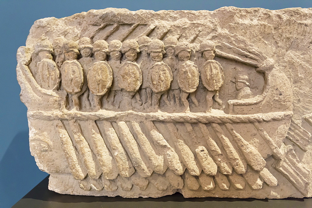 Relief, oared galley warship (bireme) with oarsmen, National Archaeological Museum, Naples, Campani, Italy, Europe