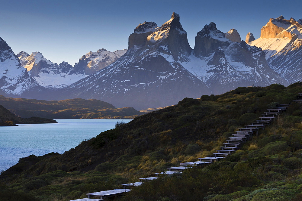 Steps, Torres del Paine at sunset, Torres del Paine National Park, Patagonia, Chile, South America 