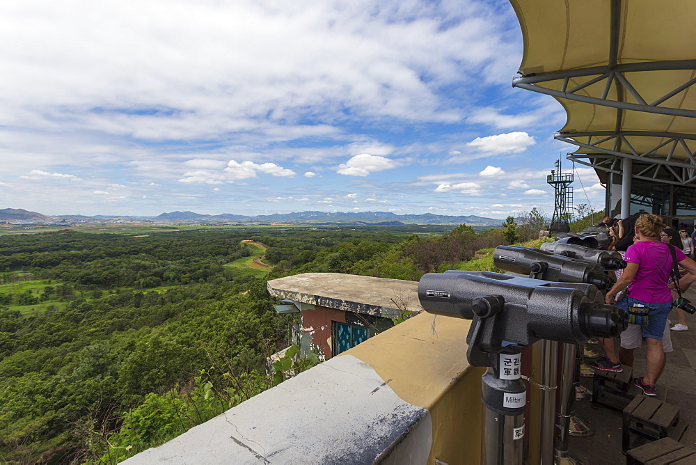 Tourists look at North Korea from the Dora Observatory, Demilitarised Zone (DMZ), North and South Korea border, Asia