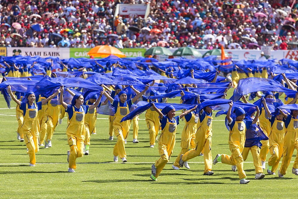 Young people act out Mongolian history, Naadam Stadium, Naadam Festival Opening Ceremony, Ulaan Baatar (Ulan Bator), Mongolia, Central Asia, Asia