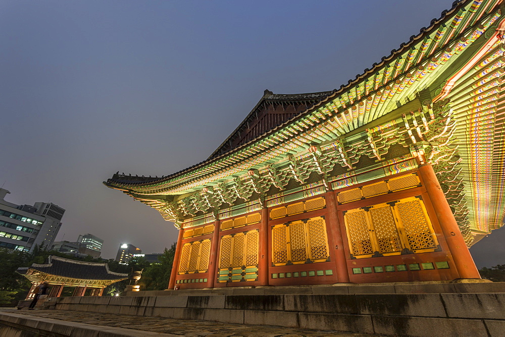 Junghwa-jeon (Throne Hall), Deoksugung Palace, traditional Korean building, illuminated at dusk, Seoul, South Korea, Asia