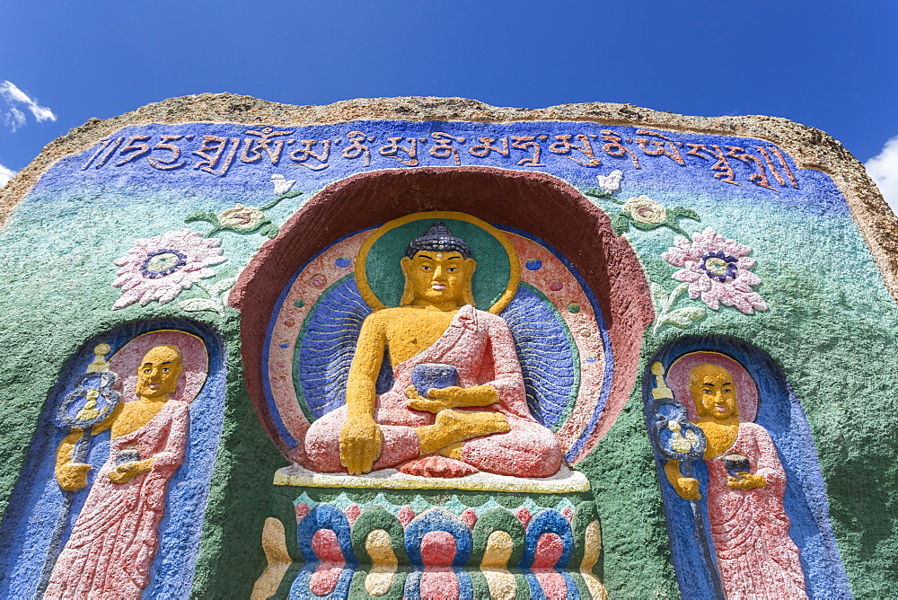 Colourful exterior Buddha artwork, Aryapaia Buddhist monastery, Terelj National Park, Central Mongolia, Mongolia, Central Asia, Asia