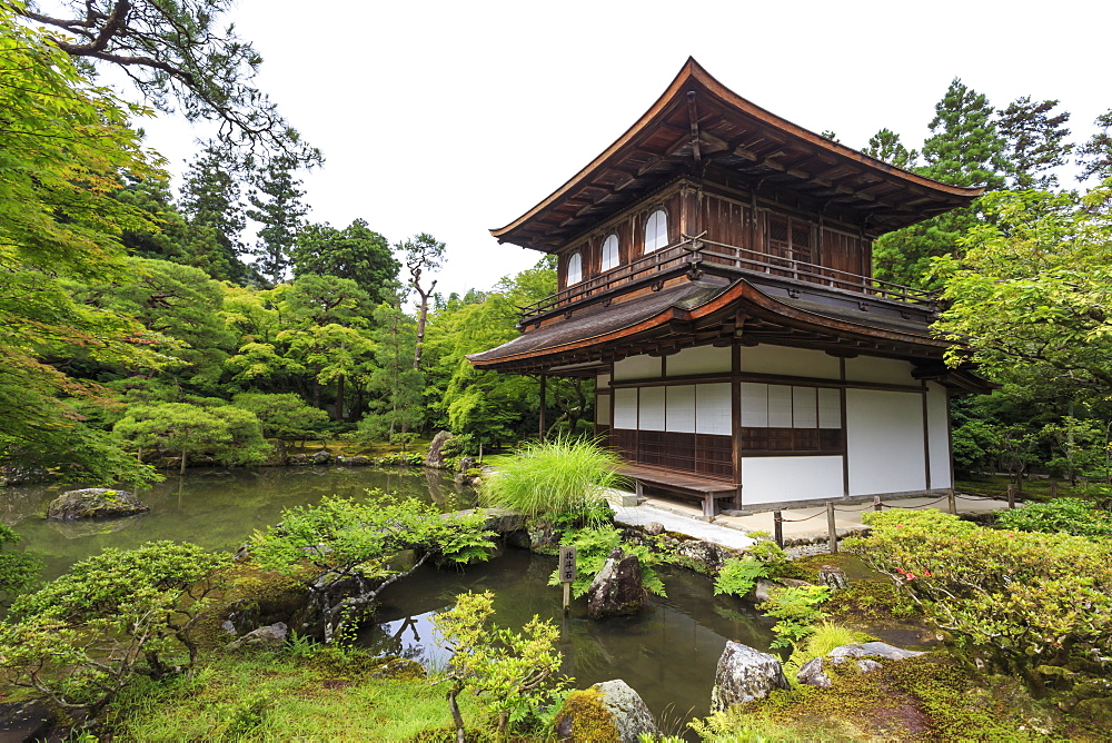 Ginkaku-ji (Silver Pavillion), classical Japanese temple and garden, main hall, pond and leafy trees in summer, Kyoto, Japan, Asia