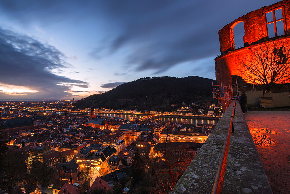 Heidelberg Altstadt and Castle ruins with Neckar River at night, Heiligenberg, Baden Wurttemberg, Germany, Europe 