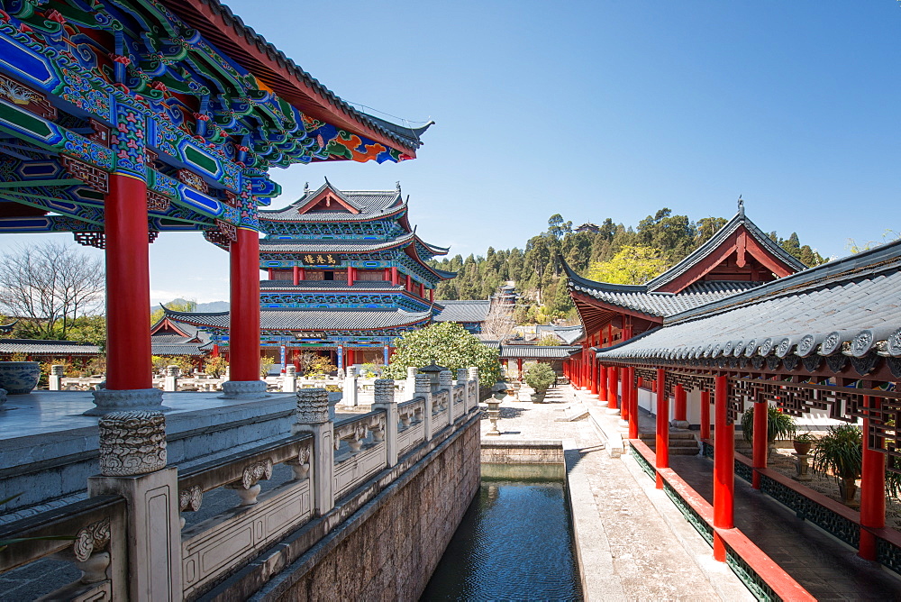 Traditional architecture with colourful wood carvings at Mu Fu complex (Mu Residence), in Lijiang, Yunnan province, China., Asia 