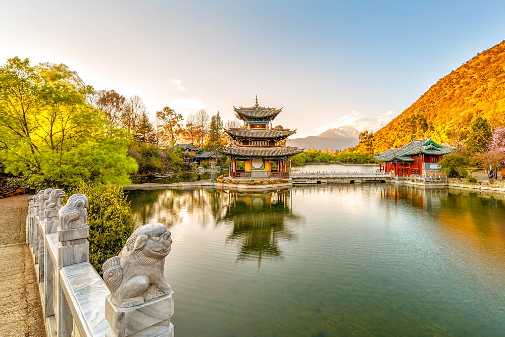 Moon Embracing Pagoda (Deyue Pavilion) as seen from Suocui Bridge in Jade Spring Park, Lijiang, Yunnan Province, China, Asia 