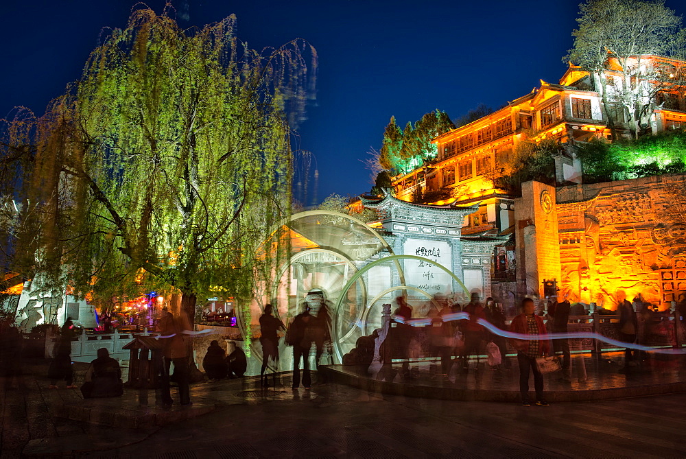 Big Water Wheels in Lijiang at night, Yunnan, China, Asia