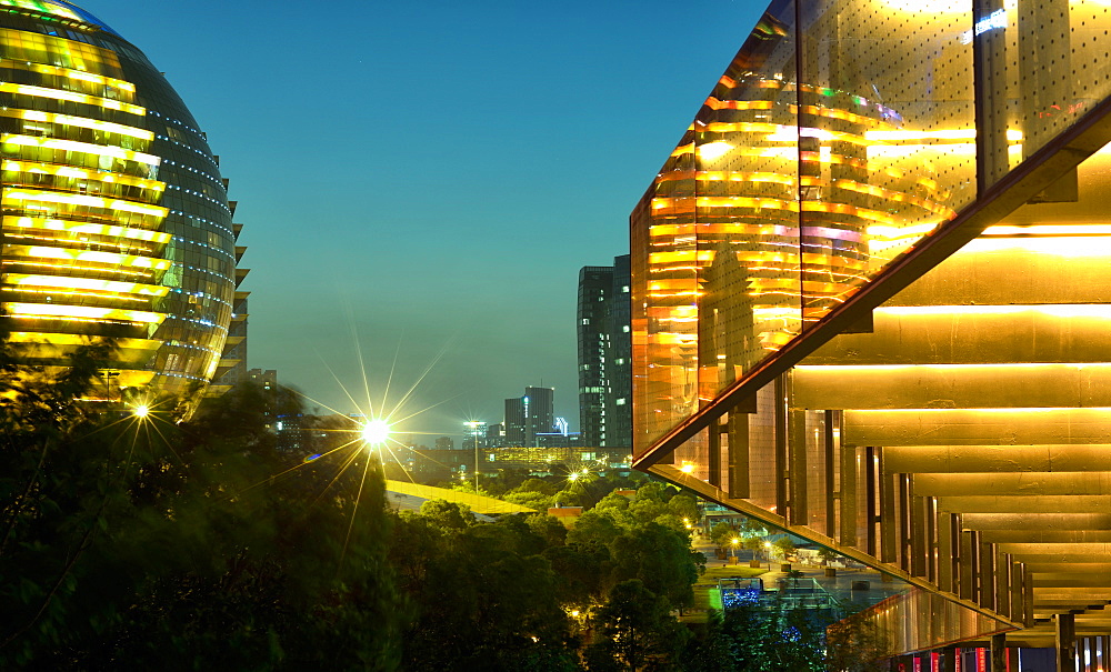 Night capture of ultra modern architecture in Jianggan, a new business district of Hangzhou, capital of Zhejiang province, China, Asia