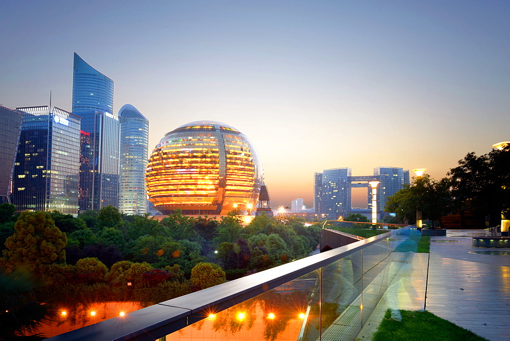 Jianggan district continues to fascinate with modern skyscrapers and sphere-shaped architecture of Hangzhou InterContinental, Hangzhou, Zhejiang, China, Asia