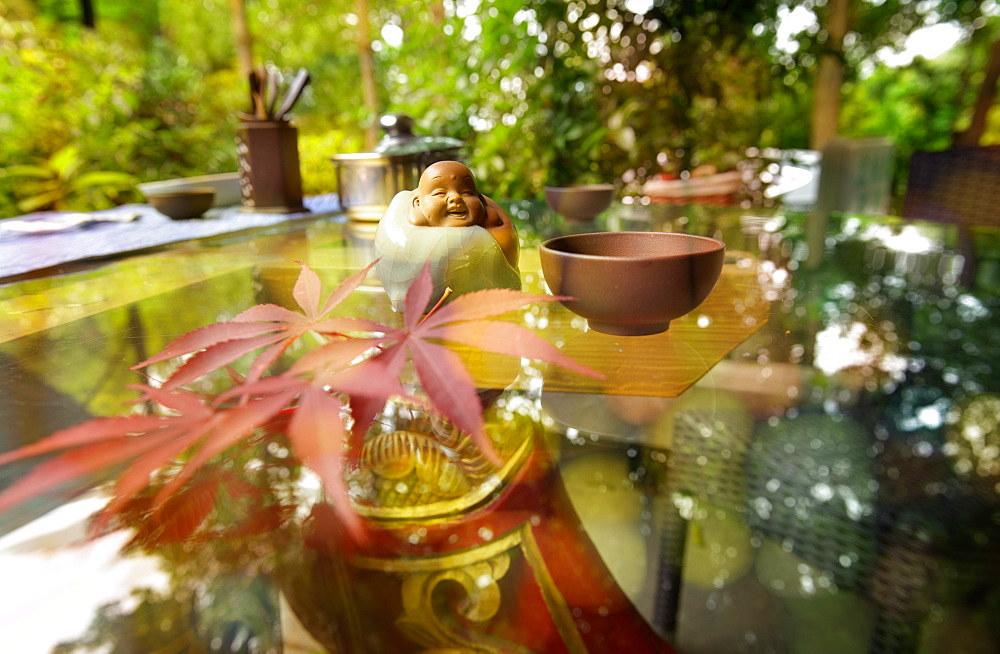 Traditional elements of Chinese culture on a glass table, Hangzhou, Zhejiang, China, Asia