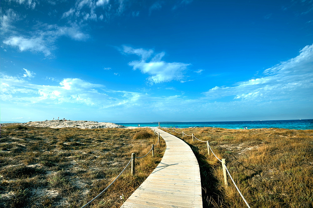 Boardwalk leading towards the horizon and Infinity Beach on Formentera, Balearic Islands, Spain, Mediterranean, Europe